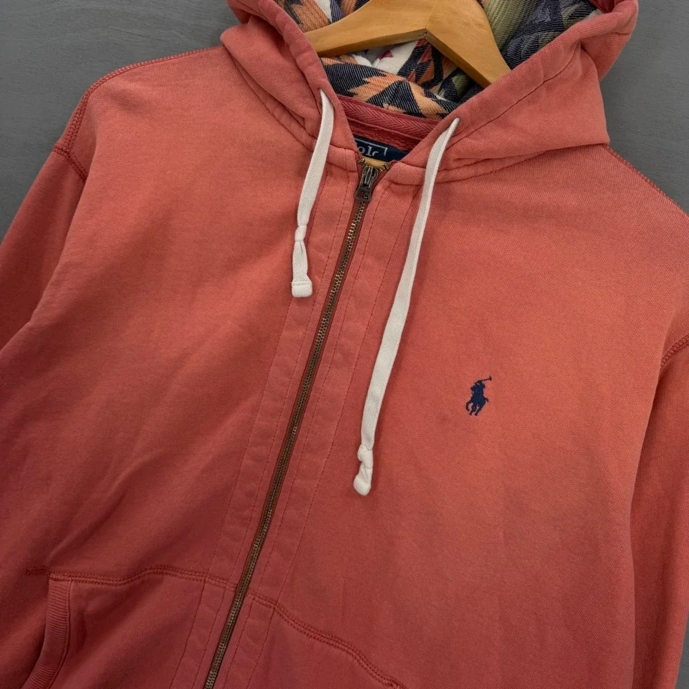 Vintage Polo Ralph Lauren Faded Zip Hoodie Salmon Pink Aztec Hood Lining Large